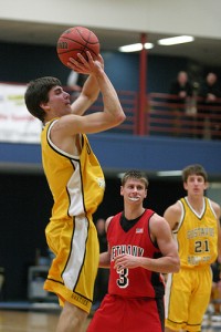 Seth Anderson sets up for a jumper in the 69-40 Gustavus victory over Bethany Lutheran