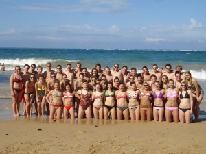 The 2009-10 Gustavus Men's and Women's Swimming & Diving teams on the beach during their Christmas training trip in Puerto Rico.