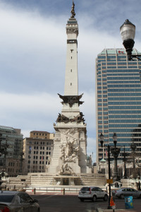 A view of the Monument Circle Tower from outside Gustavus's hotel. 