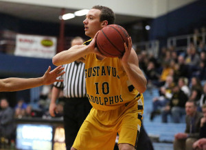 Isaac Tapp hit a key three-pointer down the stretch to help seal Gustavus's 10-point victory. Tapp finished with nine total points.